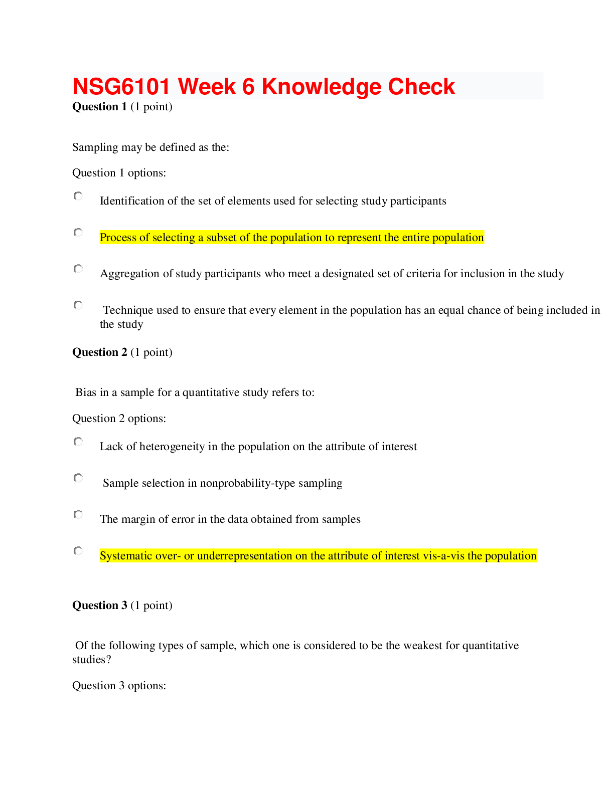 Preview image of NSG 6101 Week 6 Knowledge Check{Solved } document